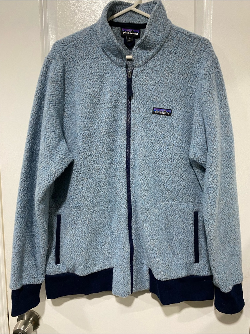 Patagonia , Women’s, Light Blue Sherpa Jacket with Navy Trim